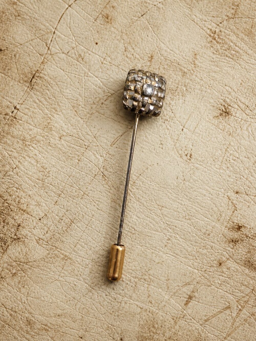 Gold Basket Weave Button Vintage 1980's Fashion Lapel Tie Stick Pin - Worn Old